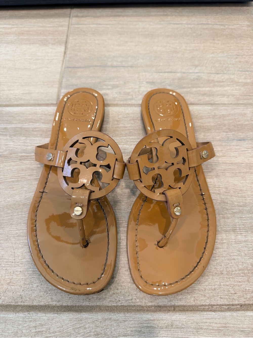 Tory Burch Tan Patent Leather Logo Thong Sandals